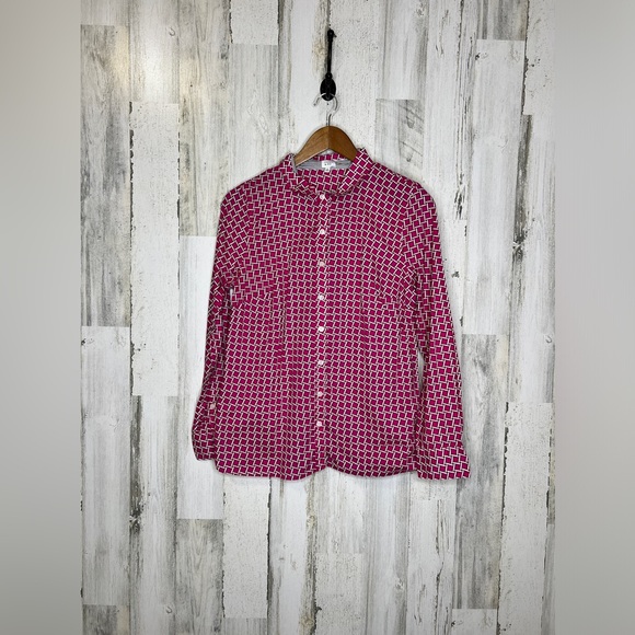 Crown & Ivy Women's Long Sleeve Lattice Print Button Front Top Pink White Size M - Picture 1 of 11
